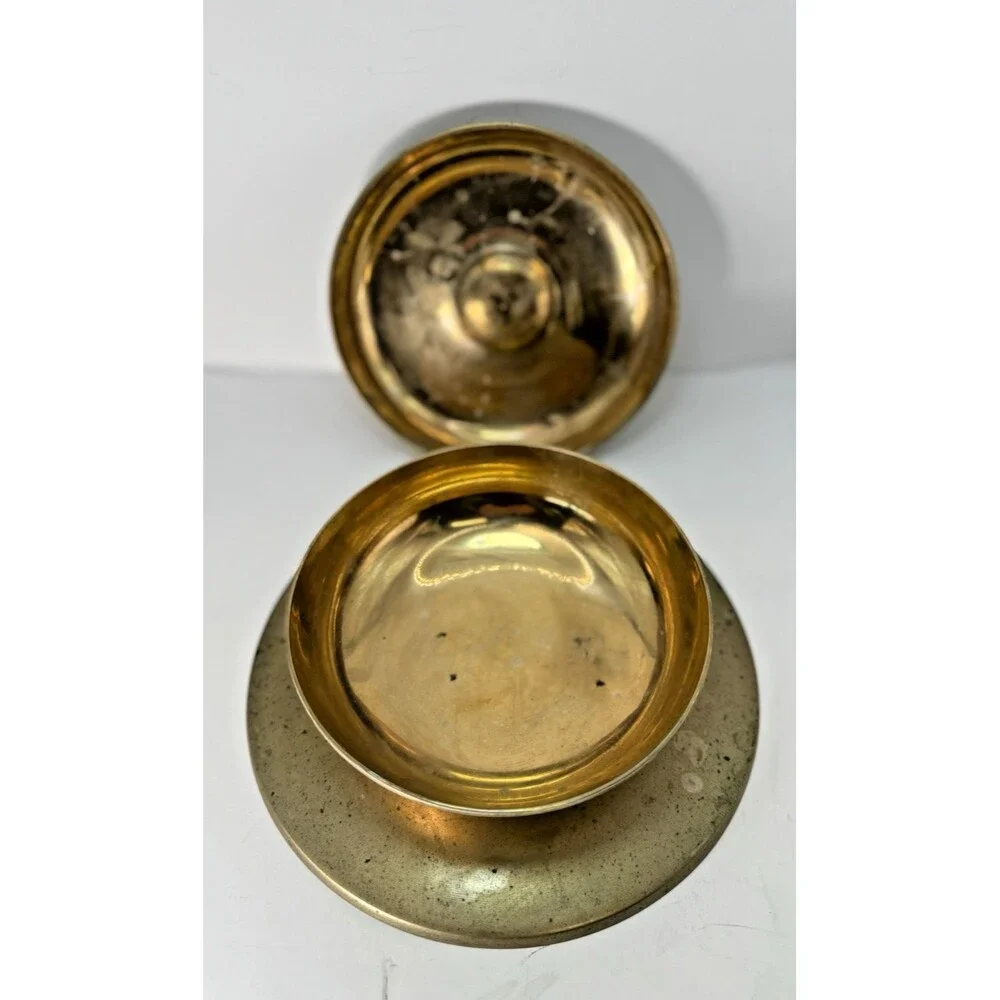Vintage Ornate Brass Etched trinket Bowl dish With Lid And Round Tray plate